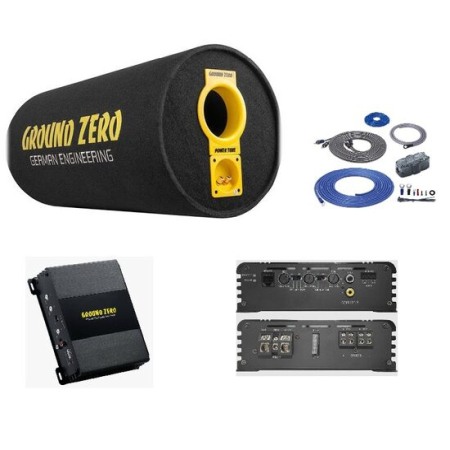 Pachete Audio - Pachet Ground Zero GZ 1300PT Subwoofer tub 30cm (12″) + GZIA 100.2 Amplificator auto 2 canale + RIK8 kit cabluri Recoil de 8mm²