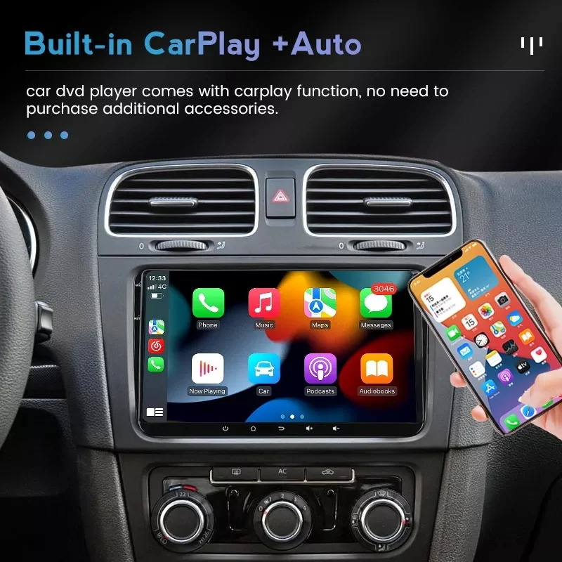 Navigatie Auto Volkswagen Golf 5 6 Passat B6 B7 CC Tiguan Touran Polo Caddy Jetta T5 Eos Skoda Octavia Superb Seat Leon cu Apple CarPlay si Android Auto - 8GB RAM, Carplay ,Android Auto VW Golf 5 6 Pa [1]