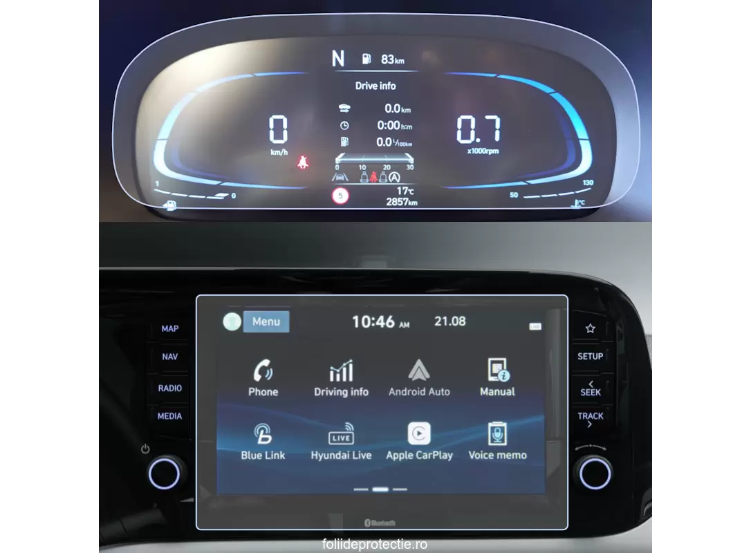 Folii de Protectie Navigatii Auto - Set Folii de protectie pentru Navigatie + Ceasuri de bord Hyundai i10 2024+