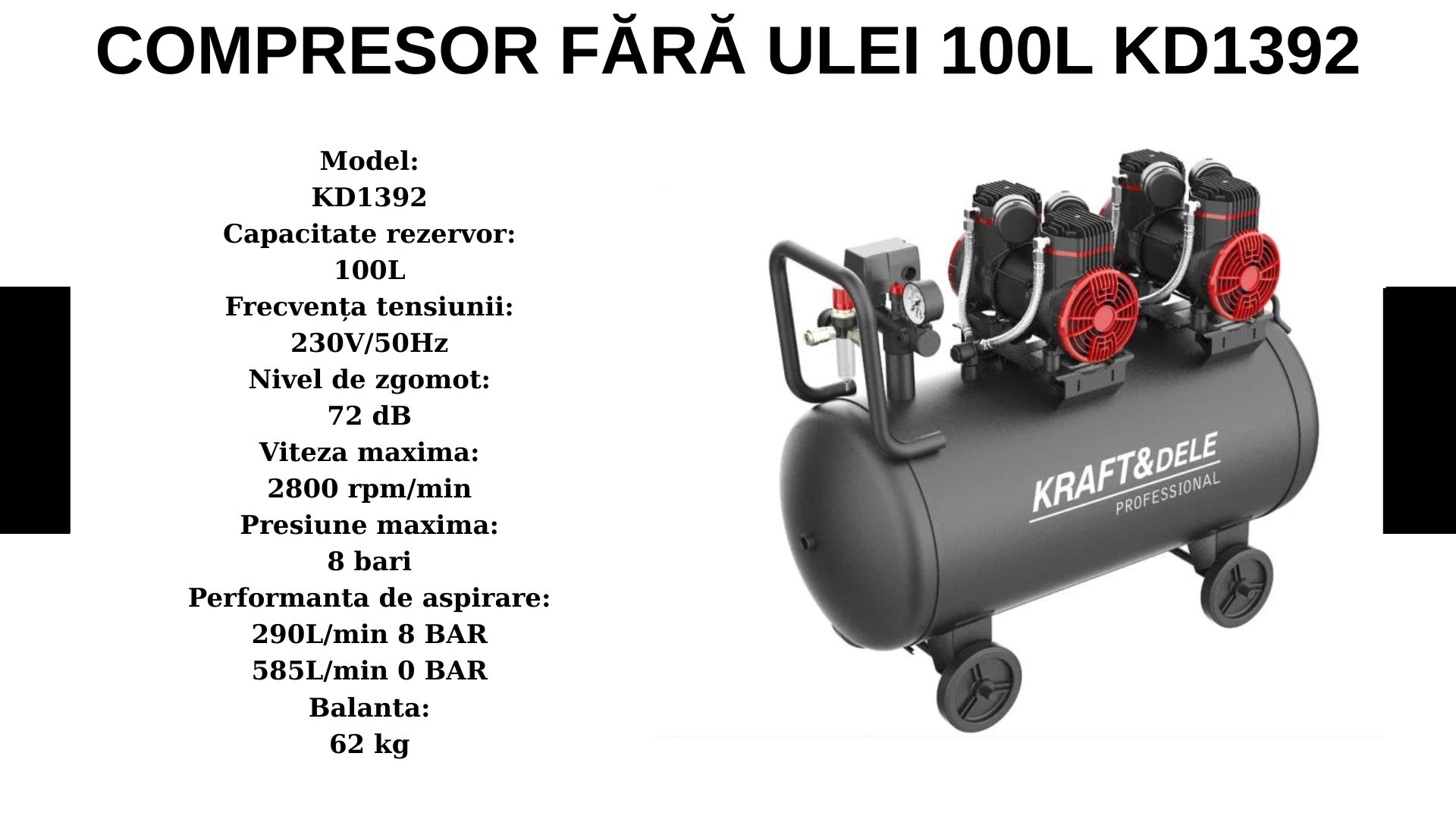 COMPRESOR FĂRĂ ULEI 100L KD1392