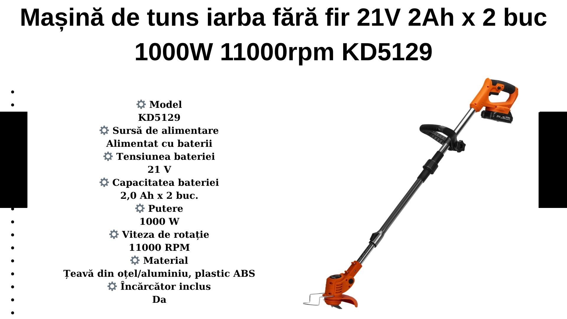 Mașină de tuns iarba fără fir 21V 2Ah x 2 buc 1000W 11000rpm KD5129