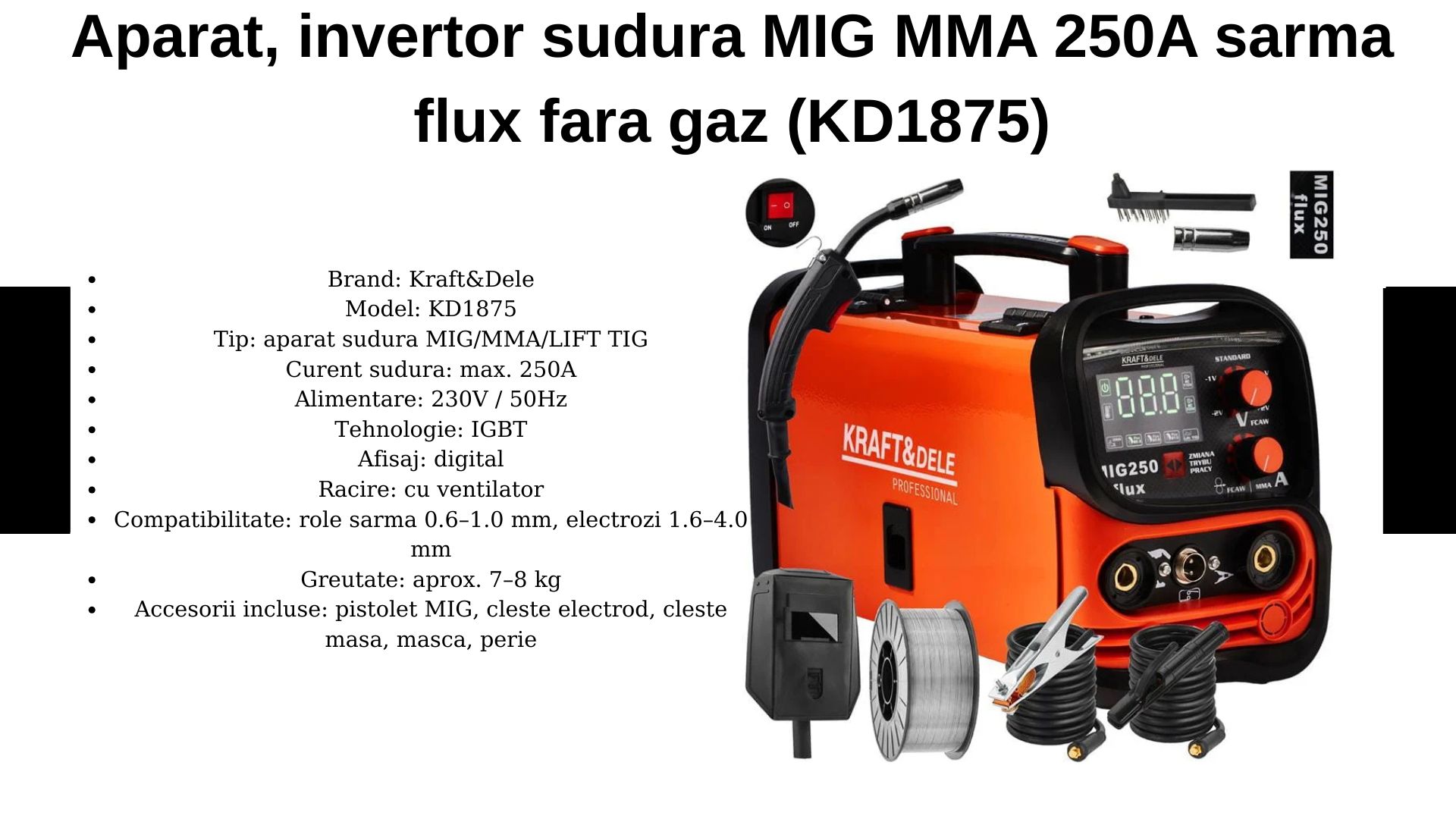 Aparat, invertor sudura MIG MMA 250A sarma flux fara gaz (KD1875)