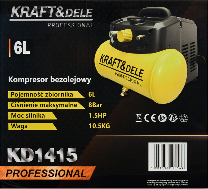 Compresor fara ulei, Kraft&Dele, 6L, 8bar, 1.1kW, 180L/min, KD1415 [13]