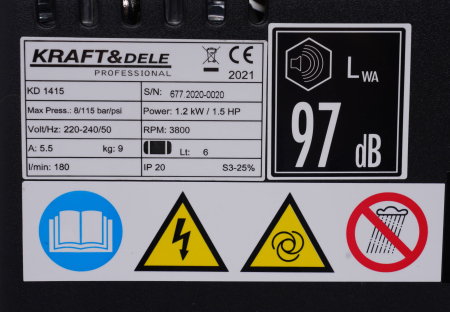 Compresor fara ulei, Kraft&Dele, 6L, 8bar, 1.1kW, 180L/min, KD1415 [10]