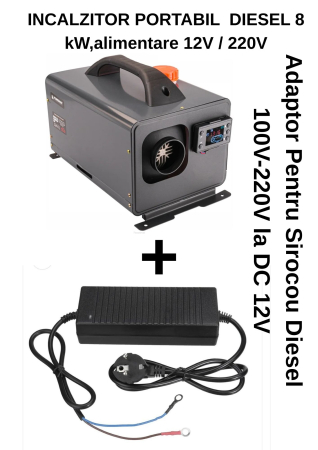 INCALZITOR PORTABIL SIROCOU DIESEL 8 kW,alimentare 12V / 220V ,PM-AG-8M2, Powermat + Adaptor Pentru Sirocou Diesel A047 AC 100V-220V la DC 12V [0]