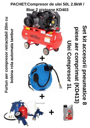 PACHET:Compresor de ulei 50L 2.8kW / 8bar 2 pistoane KD403 + Furtun aer compresor retractabil 20m cu bobina rola automata tambur KD1461 + ULEI DE COMPRESOR 1000ML Nr. 853+ Set kit accesorii pneumatice [0]