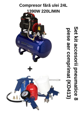 PACHET:Compresor fără ulei 24L 1390W 220L/MIN KD2128 + Set kit accesorii pneumatice 8 piese aer comprimat (KD413) [0]