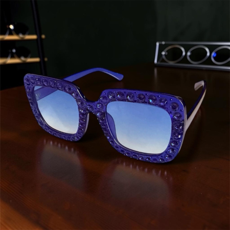 Ochelari de soare pentru Femei - Ochelari de Soare Damă Oversized cu ștrasuri design diamond - Ramă BLUE