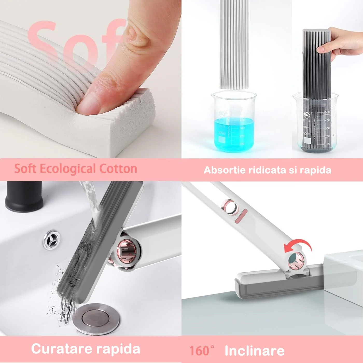 Mop de mana mini-portabil, cu sistem de stoarcere, dispozitiv de curatat manual, cu burete absorbant, material PVA, multisuprafete si geamuri, 29.5 x 15.5 cm [12]