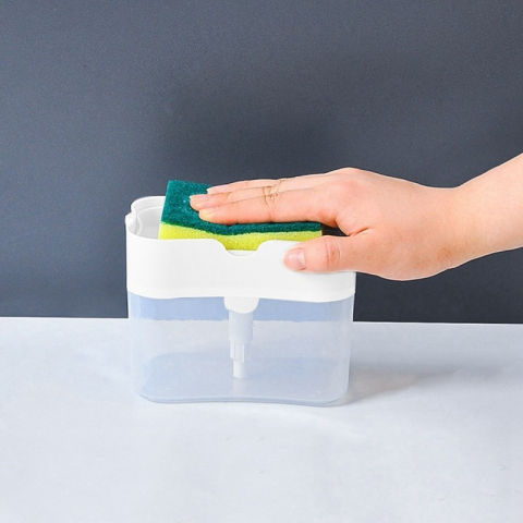Dozator dispenser 2 in 1 pentru Detergent Lichid de Vase sau pentru Obiecte Sanitare cu Suport pentru Burete de Bucatarie ,14 x 10.5 x 10 cm, capacitate 380 ml, alb [3]