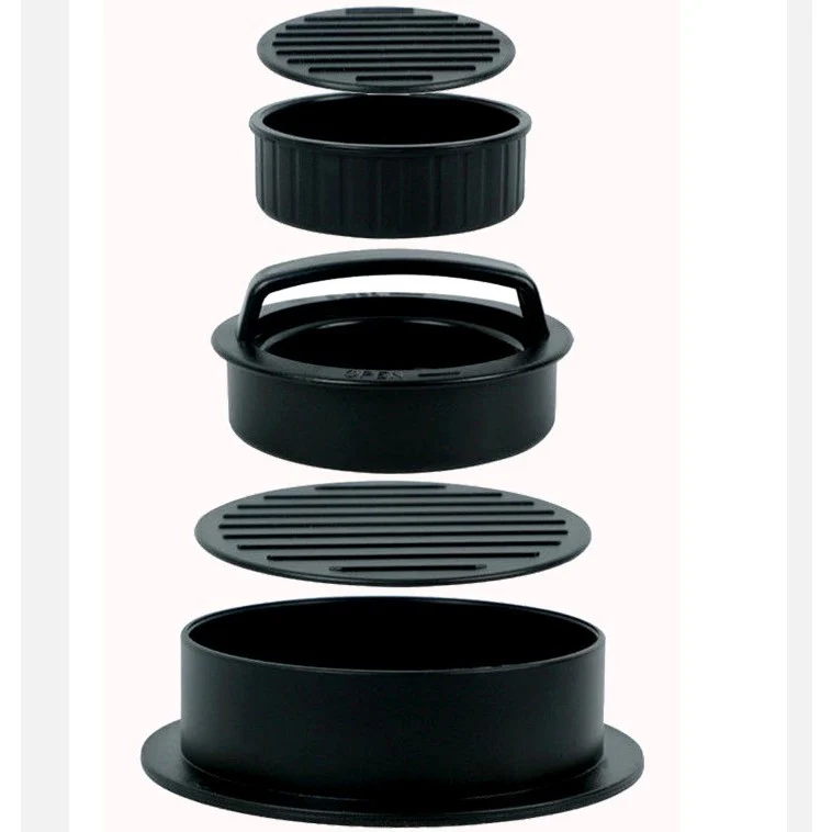Servire, ustensile gatit - Presa dubla pentru hamburgeri 3 in 1, forma si presa, cu maner, usor de curatat si folosit, 13x13x7 cm, fara lipire, neagra