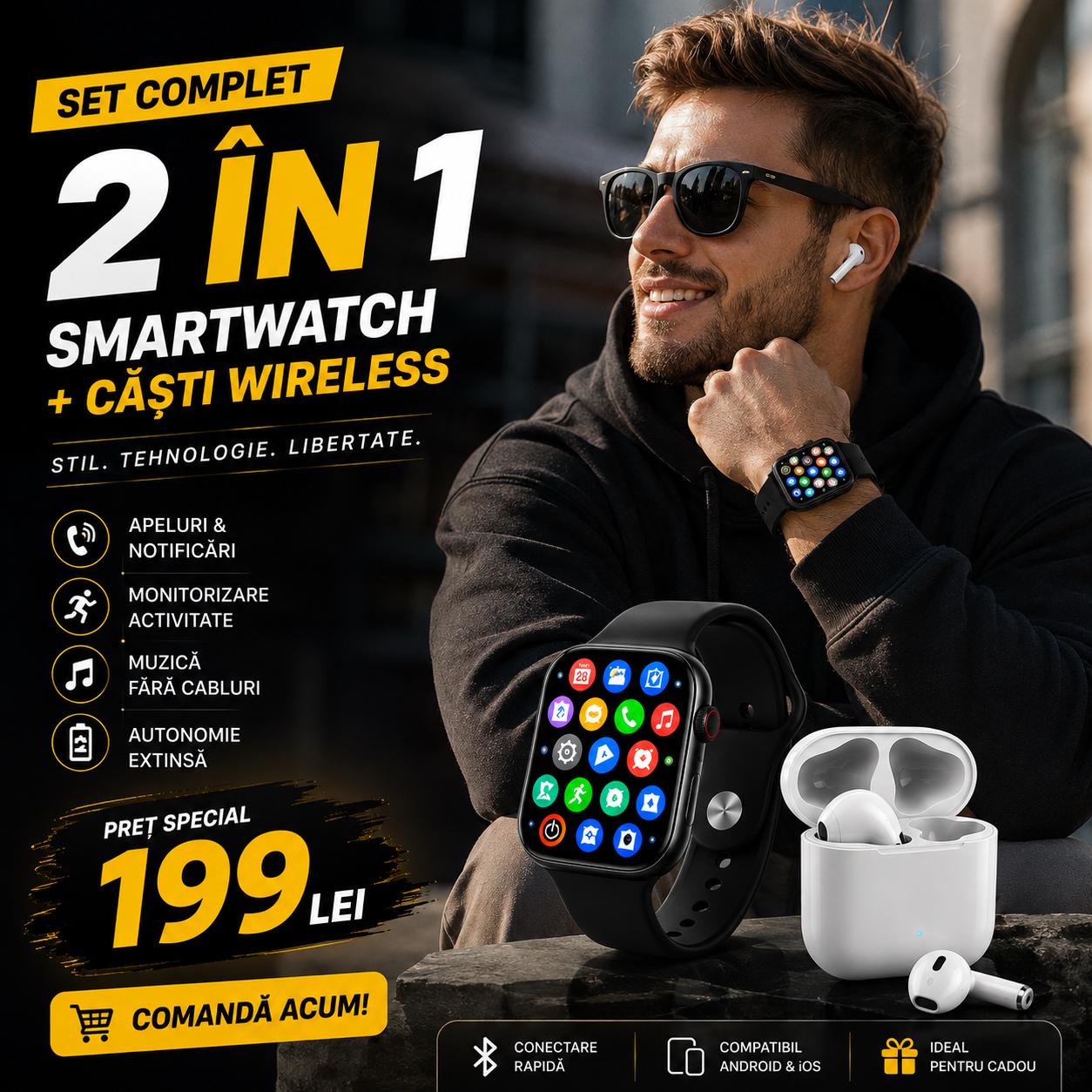 Smartwatch Elegant + Casti Wireless - Set 2 in 1 la 199 Lei