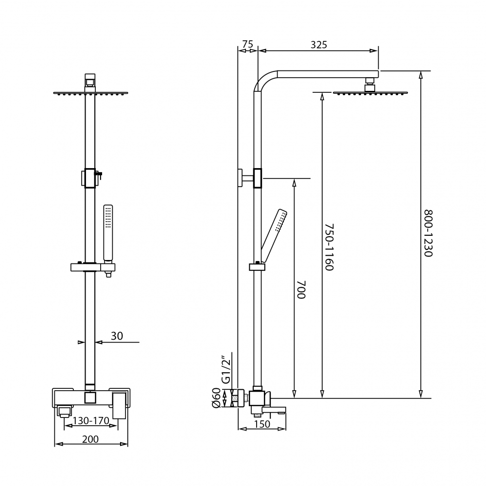 Coloană de duș și baterie de cadă, efect de ploaie - diferite dimensiuni [2]