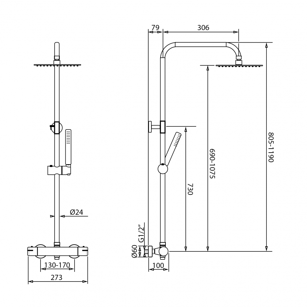 Set de duș negru cu termostat și duș cu efect de ploaie - diferite dimensiuni [4]