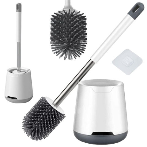 Accesorii si piese masini spalat rufe si uscatoare - Perie toaleta cu suport, Silicon, Alb/Gri