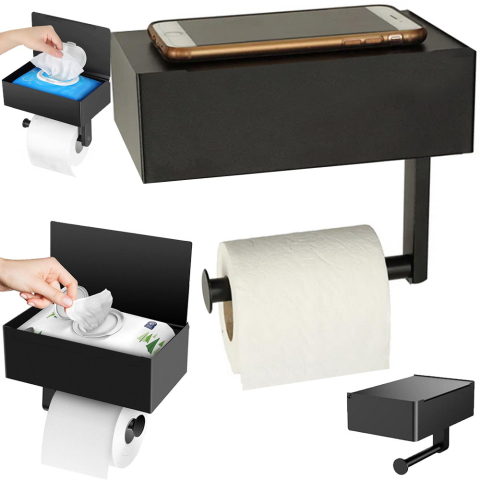Accesorii si piese masini spalat rufe si uscatoare - Suport hartie igienica si servetele, raft wc, otel, negru