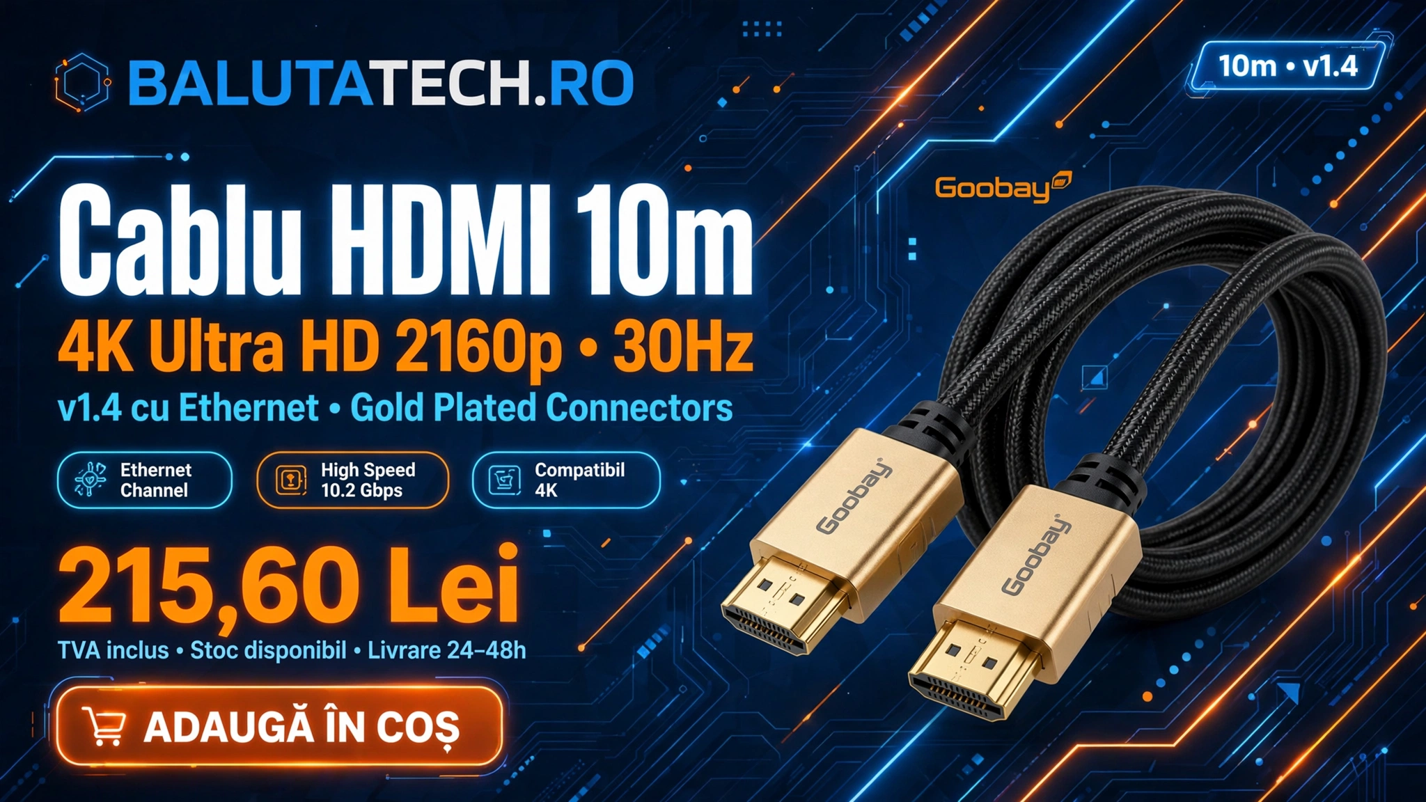 Cablu HDMI 10m v1.4 4K Ultra HD 2160p 30Hz cu Ethernet Goobay