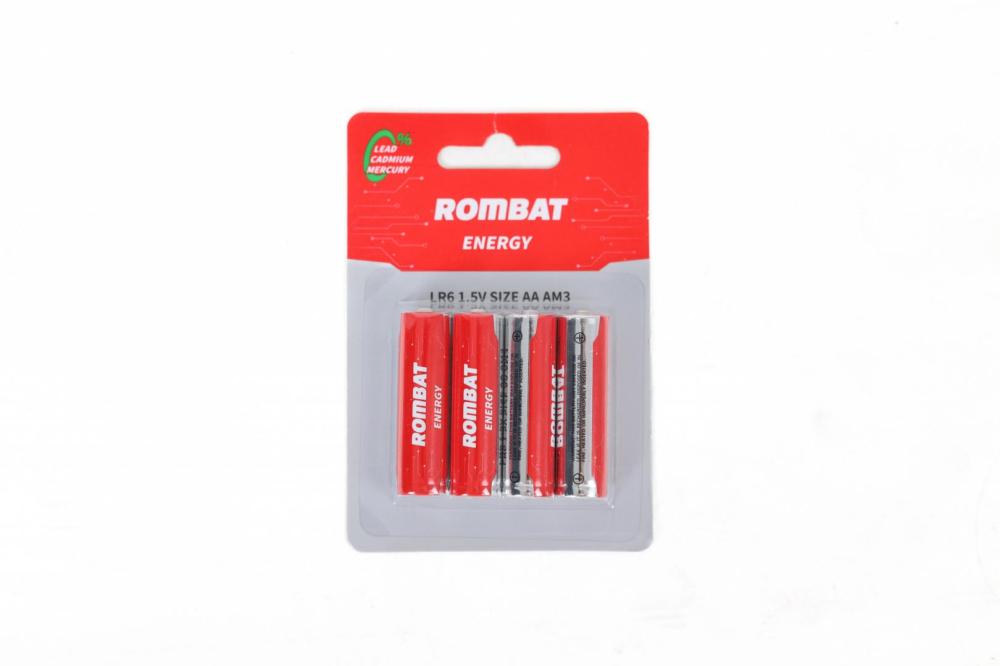 Bateriile alcaline Rombat se comercializează la cutie colectiva de 12 blistere a câte 4 bucăți. ➢ Tensiune nominală: 1,5V ➢ Temperatură de operare: -30~50ºC ➢ Capacitate nominală: 2220 mAh (43Ω 4h/zi  [1]