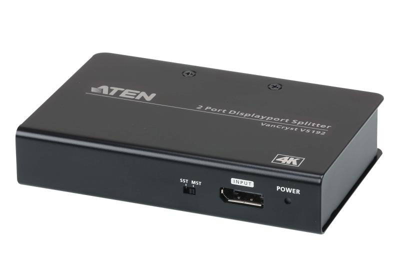 Splitter Aten  VS192-AT-G. Video Type portul: DisplayPort, Iesire video: 2x DisplayPort. Rezoluţia maximă: 4096 x 2160 Pixel, Culoarea produsului: Negru, Material carcasă: Metal. Tensiune AC intrare:  [1]