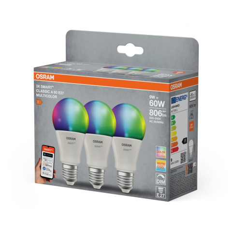 Surse de lumina LED inteligente - 3 Becuri LED RGB inteligente Osram SMART+ Matter over WiFi Classic Multicolour A ,E27, 9W (60W), 806 lm, lumina alba si color (2700-6500K)