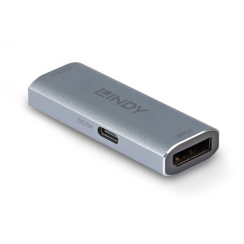 Cabluri video - Adaptor Lindy DisplayPort 1.4 Repeater, latime de banda suportata 32.4 Gbps, rezolutie maxima 7680x4320@60Hz 4:4:4 8bit, material aluminiu, gri