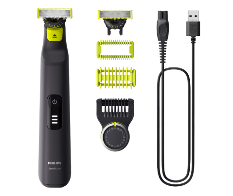 Aparate de tuns - Aparat de ras (0,2mm) si tuns (0,4-10mm) PHILIPS OneBlade Pro QP6542/15, Fata&corp, pieptene cu 14 setari de lungime (0,4-10 mm), 2 accesorii pentru utilizare pe corp, 2 lame 360, 90 min (Li-ion), cab