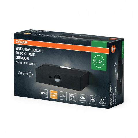 Aplice de exterior - Aplica LED solara cu senzor de miscare si lumina Osram ENDURA Solar Bricklume Sensor, 3W, 300 lm, lumina calda (3000K), PIR, IP65, baterie Litiu-Ion 18650, Gri inchis