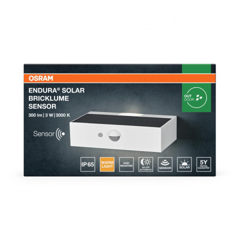 Aplice de exterior - Aplica LED solara cu senzor de miscare si lumina OSRAM ENDURA SolarBricklume Sensor, 3W, 300 lm, lumina calda(3000K), PIR, IP65, baterie Litiu-Ion 18650, Alb