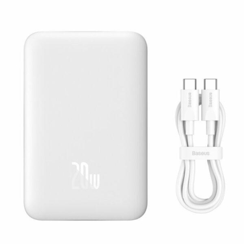 Baterii portabile - Baterie extena Baseus Magnetic Mini Wireless, 10000mAh, 20W, 2 x USB Type-C output/input, 15W wireless charging, include cablu USB Type-C la USB Type-C 30cm, alb