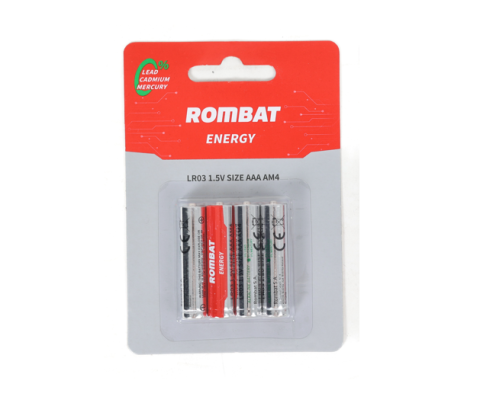 Accesorii - Bateriile alcaline Rombat se comercializează la cutie colectiva de 12 blistere a câte 4 bucăți. ➢ Tensiune nominală: 1,5V ➢ Temperatură de operare: -30~50ºC ➢ Capacitate nominală: 1100 mAh (75Ω 4h/zi 