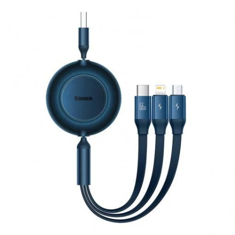 Cabluri periferice - Cablu alimentare si date Baseus Bright Mirror 3 in 1 Retractable, pt smartphone, USB Type-A la Micro-USB+Lightning+USB Type-C66W,1.1m, albastru