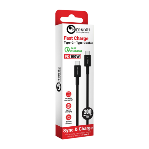 Cabluri periferice - Cablu Lemontti Fast Charge Type-C la Type-C, PD, 100W, lungime 2m, Negru