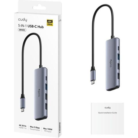  Hub-uri USB - Hub USB CUDY 5-IN-1 USB Hub, USB-C, 5 porturi, HDMI, Argintiu