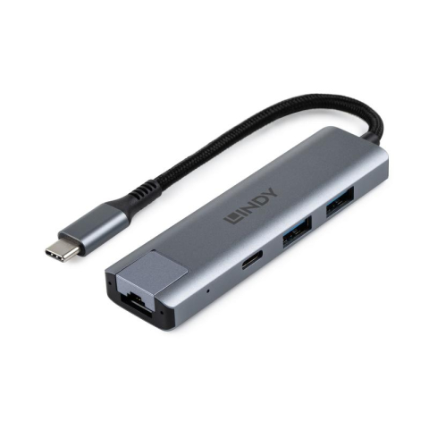 Hub-uri USB - Hub USB LINDY USB 3.2 Gen 2 Type C Hub & Gigabit Ethernet, USB-C, 4 porturi, RJ-45, Gri