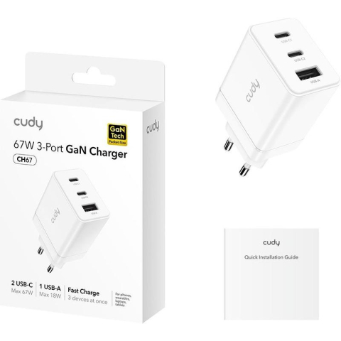 Incarcatoare telefoane - Incarcator retea CUDY CH67, 67W, 3 porturi, alb