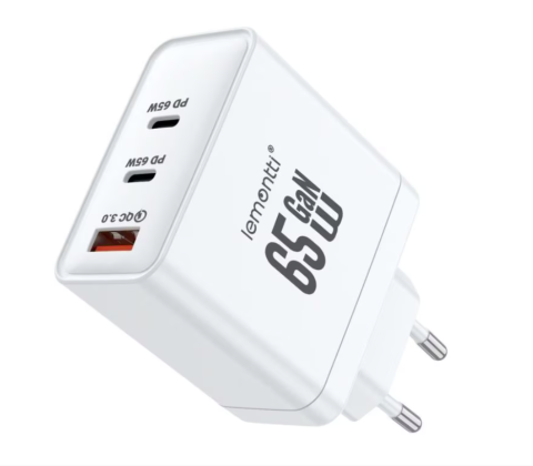 Cabluri periferice - Lemontti Încărcător Rețea GaN 65W 2x USB-C 1x USB-A Fast Charge Alb