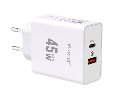 Cabluri periferice - Lemontti Încărcător Rețea GaN Fast Charge 45W 1x USB-C 1x USB-A Alb