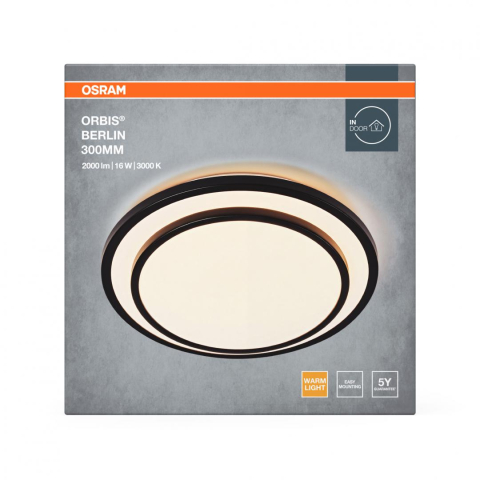 Plafoniere - Plafoniera LED OSRAM Orbis Berlin 300, 16W, 2000 lm,lumina calda(3000K), IP20, Ø30cm, metal/plastic, Negru