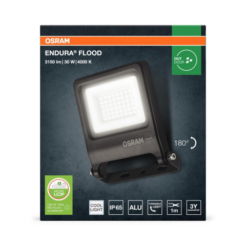  Proiectoare - Proiector LED OSRAM ENDURA FLOOD, 30W, 220-240V, 2700 lm, lumina neutra(4000K), IP65, 193x170x39mm, aluminiu, Gri