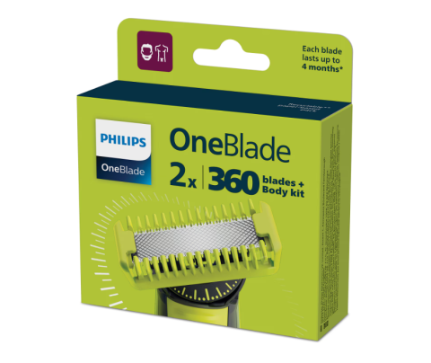 Accesorii - Rezerva OneBlade QP624/50, set fata si Corp: 2 lame 360 + 2 accesorii (pieptene pentru corp si accesoriu pentru protectie a zonelor intime/sensibile).