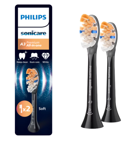 Accesorii - Rezerve PHILIPS Sonicare A3 Premium All in One HX9092/88, Pachet de 2 capete de periere standard, Sincronizarea modurilor BrushSync,  Negru, L x A x I (mm) 25.7x60x230.5