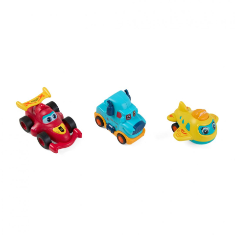 Masinute - SET 3 VEHICULE ACTIONATE PRIN INERTIE- CAMION ALBASTRU, MASINA DE CURSE ROSIE, AVION GALBEN,MOMKI