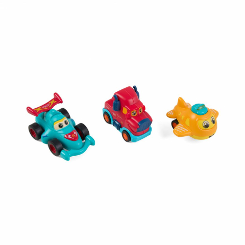 Masinute - SET 3 VEHICULE ACTIONATE PRIN INERTIE- CAMION ROSU, MASINA DE CURSE ALBASTRA, AVION GALBEN,MOMKI