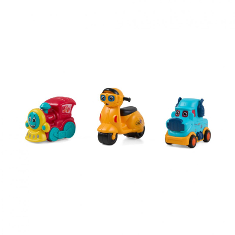 Masinute - SET 3 VEHICULE ACTIONATE PRIN INERTIE- MASINUTA ALBASTRA, TREN ROSU, SCUTER GALBEN,MOMKI