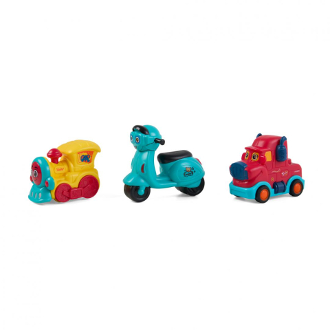 Masinute - SET 3 VEHICULE ACTIONATE PRIN INERTIE- MASINUTA ROSIE, TREN GALBEN, SCUTER ALBASTRU,MOMKI