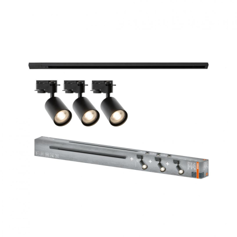 Iluminat pe sina - Sistem complet TRACKLIGHT OSRAM Elemental cu 3 proiectoare cu soclu GU10 si 1 sina monofazata de 1 metru, Negru