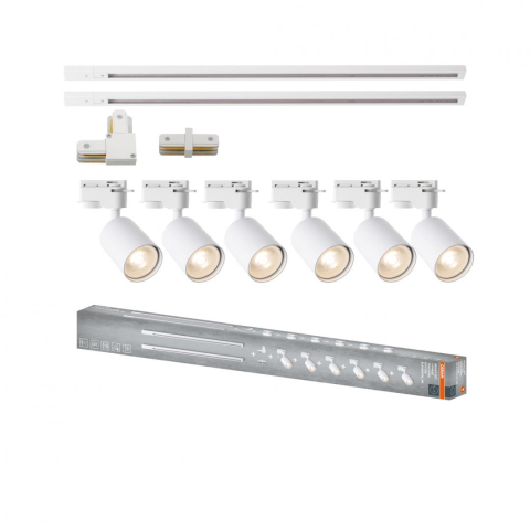 Iluminat pe sina - Sistem complet TRACKLIGHT OSRAM Elemental cu 6 proiectoare cu soclu GU10 si 2 sine monofazate de 1 metru, 1 conector liniar, 1 conector tip L, Alb