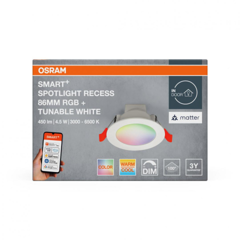 Corpuri de iluminat inteligente pentru interior - Spot LED RGB incastrat OSRAM SMART+ MATTER 100°, 4.5W, 450 lm, lumina alba si color(3000-6500K), IP20/IK03, Ø86mm, Alb