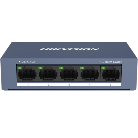 Switch-uri - Switch Hikvision DS-3E0105-O: 5 × 10/100 Mbps RJ45 Port, tensiune alimentare 5 VDC, 1A., dimensiuni: 103.05 mm × 25.6 mm × 61.1 mm, greutate: 0.15kg, montare pe birou sau pe perete.