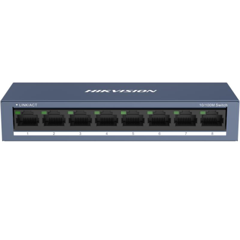 Switch-uri - Switch Hikvision DS-3E0108-O: 8 × 10/100 Mbps RJ45 Port, tensiune alimentare 5 VDC, 1A., dimensiuni: 142.4 mm × 25.6 mm × 53.1 mm, greutate: 0.2 kg, montare pe birou sau pe perete.